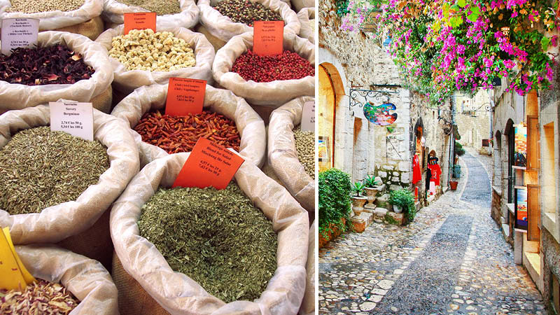 Kryddor p den lokala marknaden i Provence och gamla gator i St Paul de Vence.